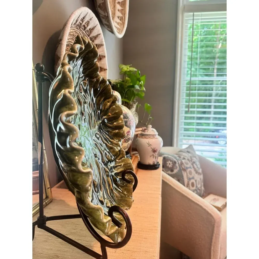 Vintage 1990s Pottery Barn Green Majolica Cabbageware Plate (15